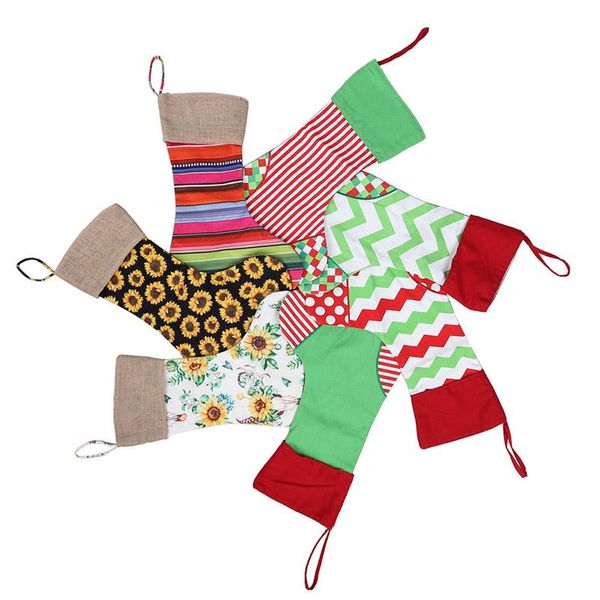 Meias de Natal Decoração Saco de Presente Canvas Pingente de Leopardo Girassol Grande Capacidade Sock Doces Sacos