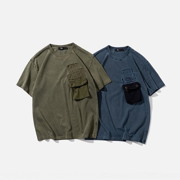 

vnjuf wu hang t-shirt embroidery fat short sleeve men's pocket three-dimensional batik embroidery loose solid t-shirt oversized chao ma, Blue