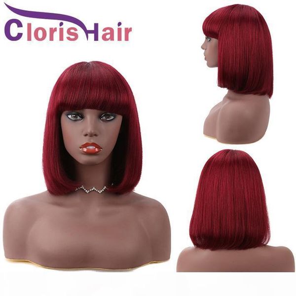 

99j burgundy short bob wig with bangs for black women 150% density pixie cut human hair brazilian remy straight glueless non lace wigs, Black;brown