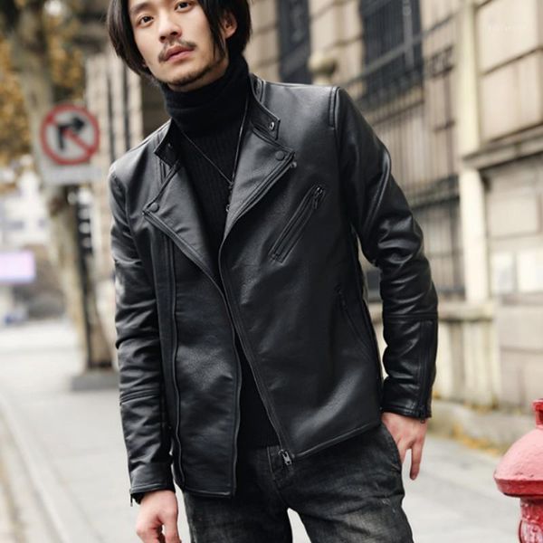 

men's fur & faux mens pu jacket casual slim fit motor biker leather windbreaker coat stand collar short outwear jackets1, Black