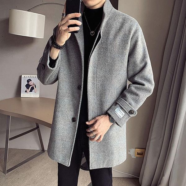 

fashion men woolen coat overcoat autumn and winter men's korean style stand collar mid-length dark buckle windbreaker mens sale, Black