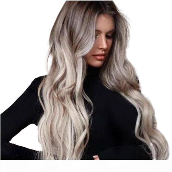 

front lace wig europe and the united states fashion gray dyeing long curly hair female wig sleeve, Black;brown