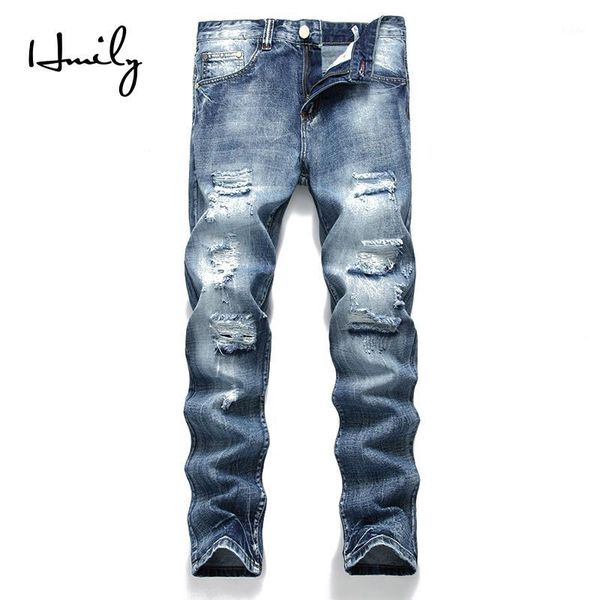

hmily designer jeans men straight blue color cotton mens jeans ripped jean male clothes size 28-42 hole shredded men1