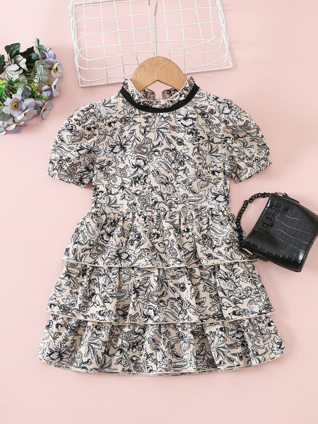 

toddler girls floral print puff sleeve layered ruffle hem dress she, Red;yellow