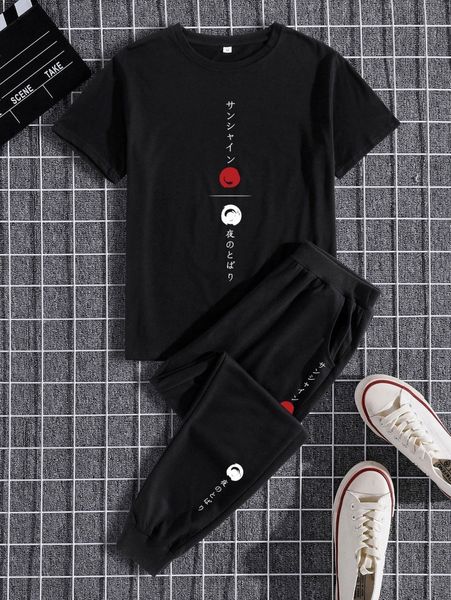 

men japanese letter graphic tee & sweatpants y24k#, Gray