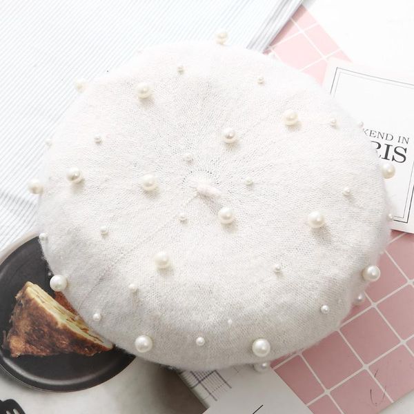 

beret hat women wool solid color beret pearl retro hat retro plain warm elegant ladies winter1, Blue;gray