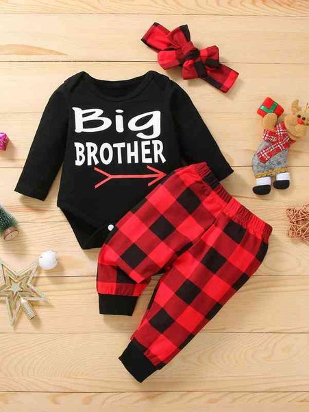 

baby letter graphic bodysuit & buffalo plaid sweatpants with headband she, White
