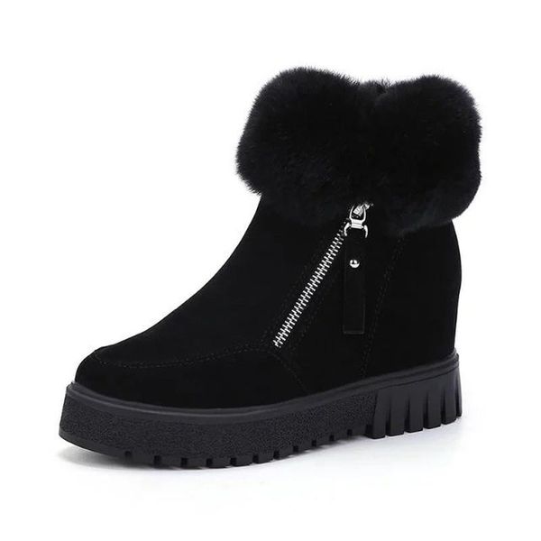 

2020 women wedge boots winter outdoor keep warm fur boots waterproof women's snow thick heel with round head high heels, Black