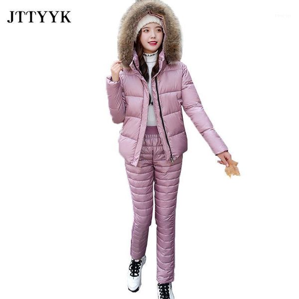 

2021 winter women sets coat warm down parka fur collar thicken hooded jacket and elastic waist cotton pants 2-piece set female1, Gray