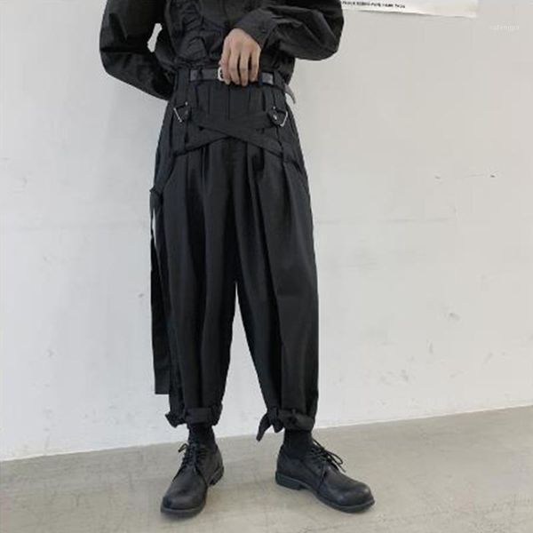 

men japan streetwear punk gothic bandage casual harem pant male vintage hip hop wide leg trousers stage clothing kimono pant1, Black