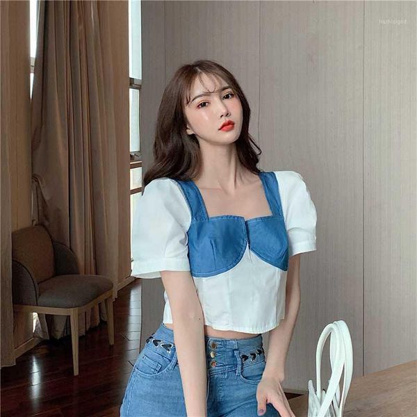 

denim shorts sleeve shirts vintage fashion women's clothing blouses crop blusas mujer de moda blue and white summer1