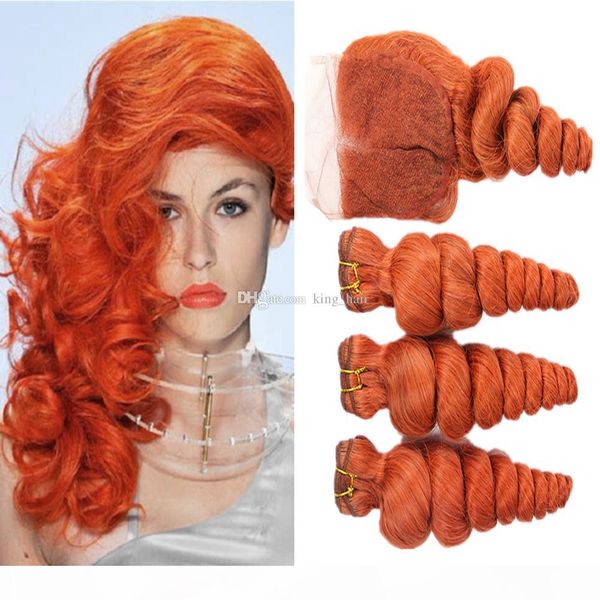 

orange color loose wave hair extensions with lace closure 4x4 pure orange color closure with body wave hair 3bundles weaves, Black