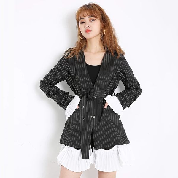 

pleated blazer new v-collar long sleeve loose, White;black