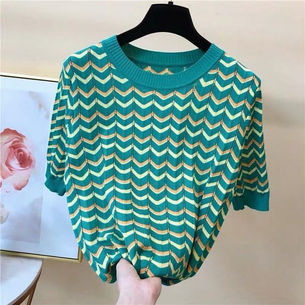 

loose thin hollow silk sweater female round neck striped frill short sleeve knitted bottoming jumper pullover women spring, White;black