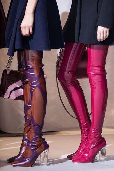 

boots beautiful women thigh high 9cm perspex heels over the knee celebrity shoes clear red blue black size 35-42