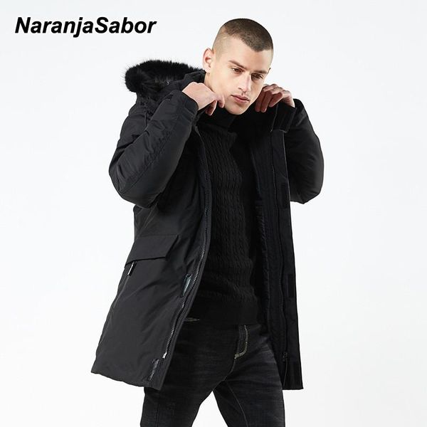 

naranjasabor men's winter parka coats casual thick warm male hooded down jackets solid color long windbreak outerwear n729, Black