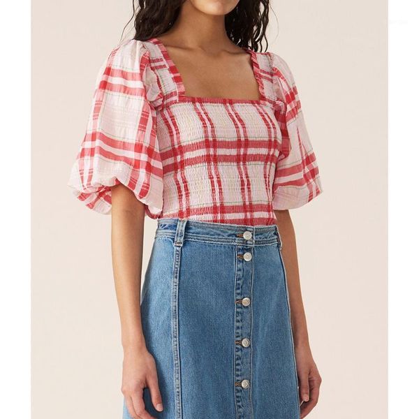 

8.24 2020 new women's fashion retro puff sleeve square collar plaid blouses temperament sweet short shirt, White