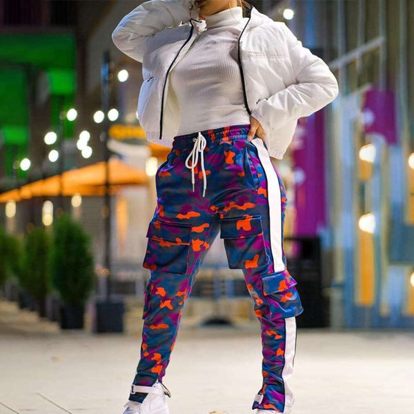 

women's ns8019 autumn / color winter camouflage multi bag zipper casual sports pants, Black;gray