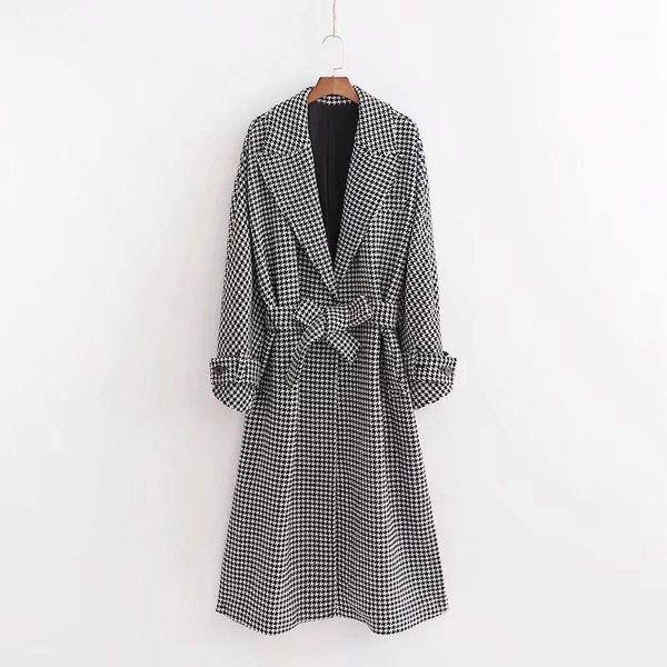 

2020 new autumn winter women long wool blends jackets women fashion plaid office ladies jackets trench coats outerwear wj1251, Black