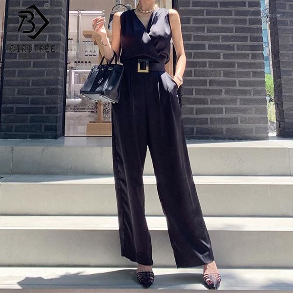 

2020 summer new korean style slim jumpsuits for women v-neck sleeveless pockets sashes ladies wide leg long rompers b02916k1, Black;white