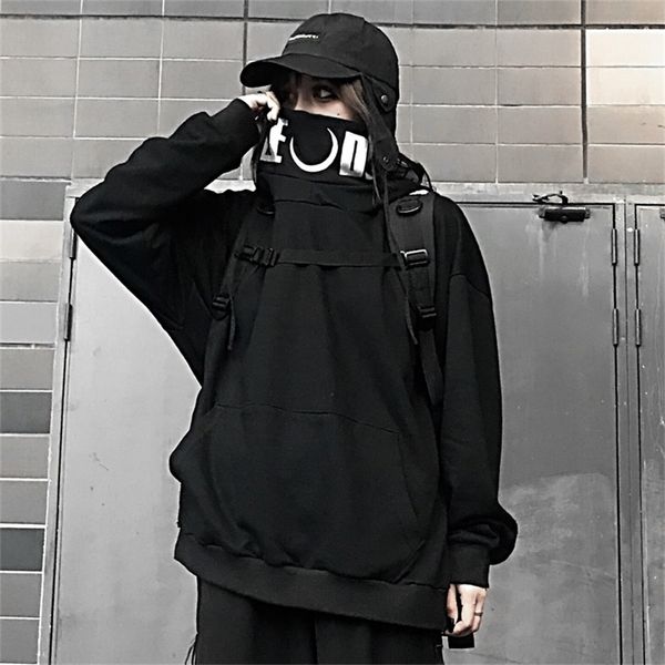 

letter moon print turtleneck pocket hooded sweatshirt gothic pullover hoodies woman man streetwear hip hop harajuku punk korean lj200808, Black