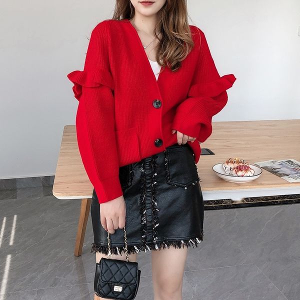 

knitted sweater cardigan women's new fashion in spring 2020 with loose and lazy sweater v-neck ruffle 3ka1h, White;black