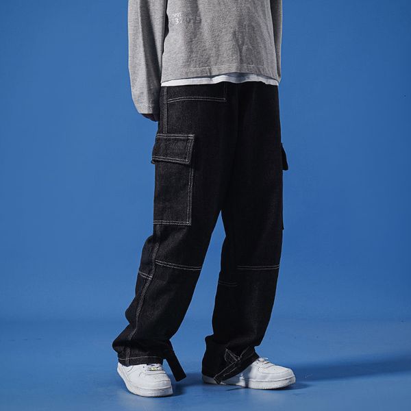 

2021 new man straight casual mans korean collage hip hop jeans woman couple denim pants fashion clothing 64ht, Blue