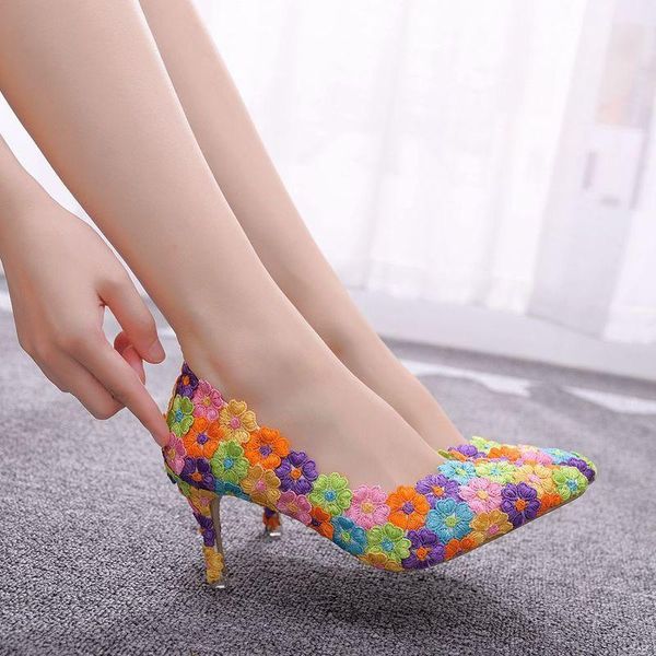 

dress shoes female pumps shallow mouth women colorful lace pointed toe thin heels 7cm wonen fashion office, Black
