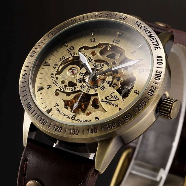 

out hollow straight personality fashion men's automatic mechanical watch, Slivery;brown