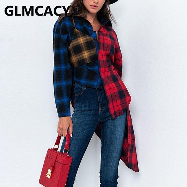

women long sleeve plaid shirt irregular chic blouses, White