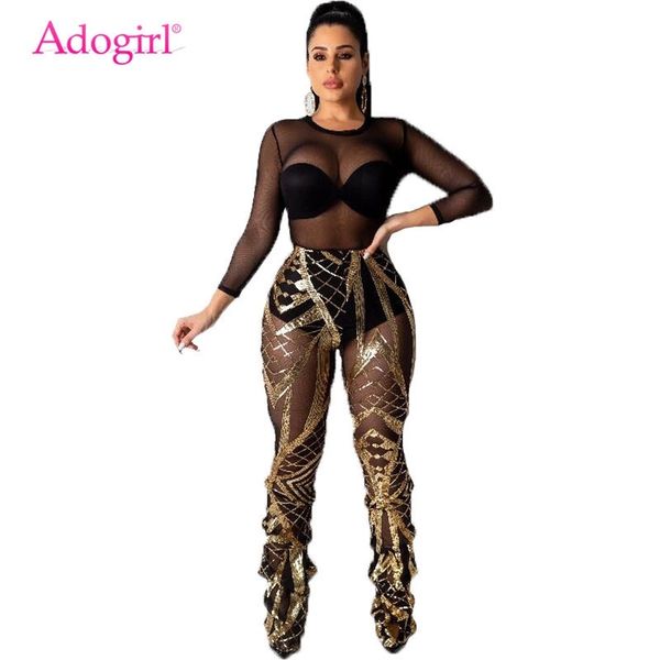 

adogirl grade sequins sheer mesh pleated trousers women pants with panties high wast fashion night club party outfits t200606, Black;white