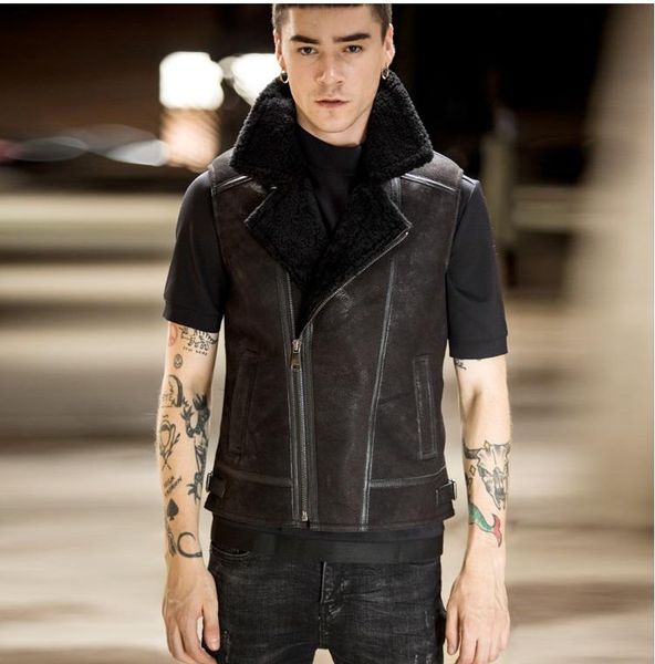 

shipping.fashion men winter warm biker wool fur jacket,classic genuine leather vest.thick sheepskin shearling coat.young, Black