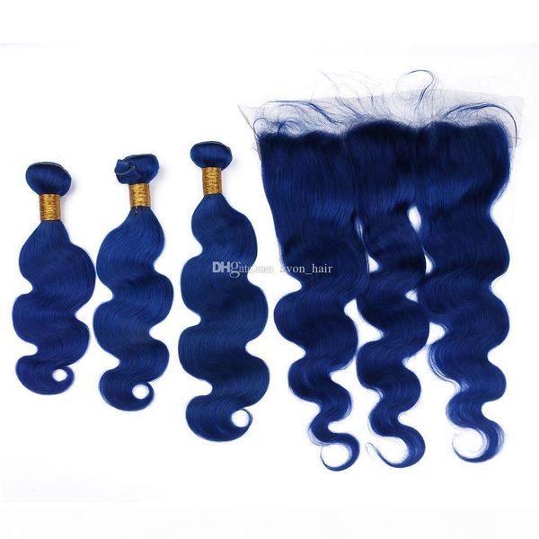 

blue color hair weaves with lace frontal peruvian virgin hair ear to ear frontal with dark blue body wave hair 3bundles, Black;brown