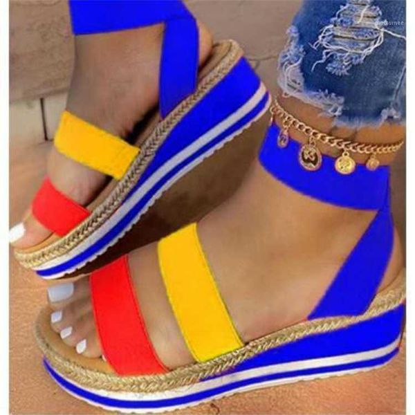 

2020 summer women sandals ankle strap platform wedges heels slip on peep toe light color baech ladies shoes zapatos de mujer1, Black