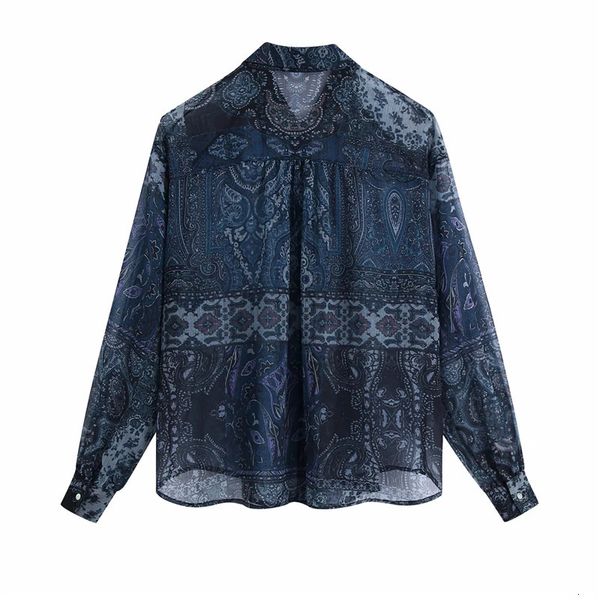 

new women shirt blue semi sheer print chiffon blouse female 2021 spring vintage streetwear button up long sleeve a2ro, White