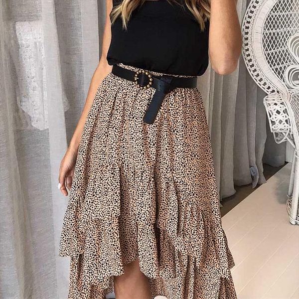 

2020 spring women boho chiffon holiday skirts summer high waist female polka dot a line ruffles midi beach flare skirt for women, Black