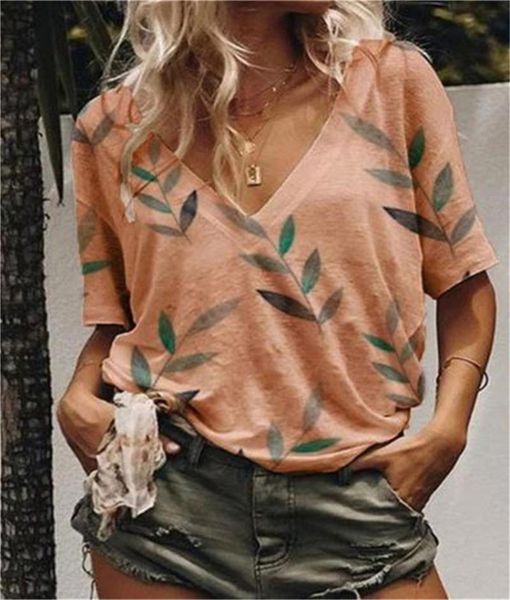 

wome одежда многоцветного футболка v-образный вырез листьевой печати tops tee 2020 plus размер женщины тенниски 5xl повседневного western мо, White