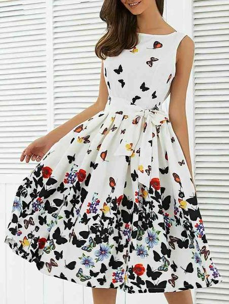 

women fashion butterfly floral vintage pleat swing dresses summer sleeveless zipper sashes dress light elegant and fresh dress, Black;gray