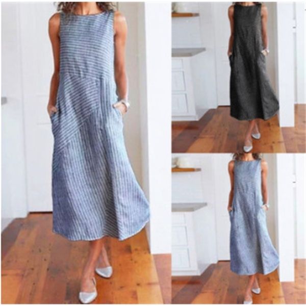 

2020 new striped crew neck sleeveless oversized dress, White