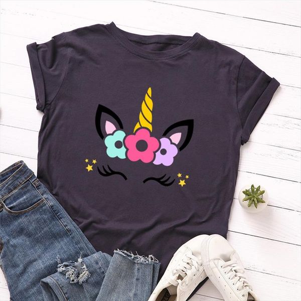 

2020 fashion plus size women t shirt cotton tees cute unicorn printed t shirt female o neck short sleeve christmas tshirt top, White