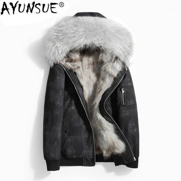 

ayunsue parka real fur coat men winter jacket for men hooded natural raccoon fur liner short winter jackets mens parkas 199871, Black