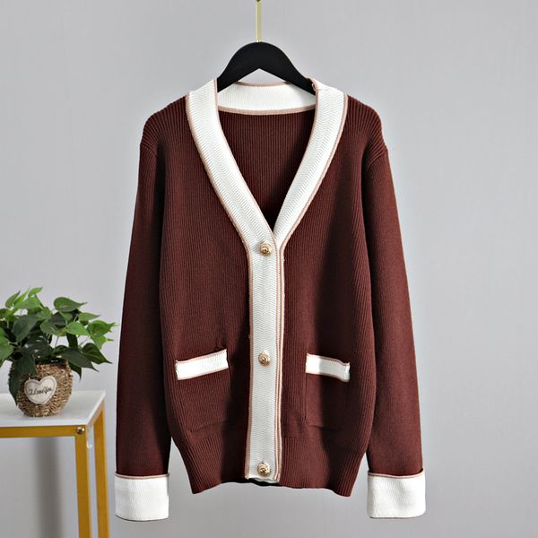 

2021 new oversized knit women sweater v neck loose elegant thicken pull femme color block woman cardigan with pocket zvm4, White;black