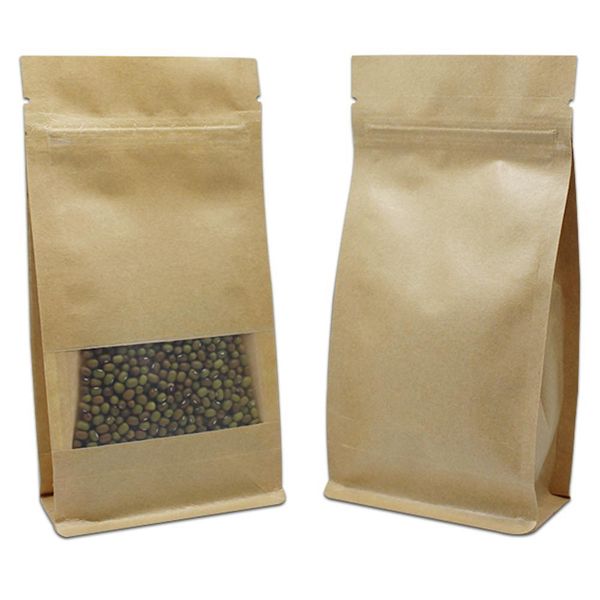 

100pcs brown kraft paper food packaging zipper bag side gusset stand up zip lock window pouch coffee tea dried flower 2 h sqclsz