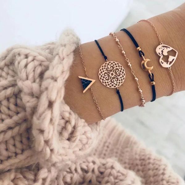 

5pcs/set women bracelets set 2020 new bohemian geometric heart triangle cutout moon alloy bracelet jewelry gifts for female1, Golden;silver