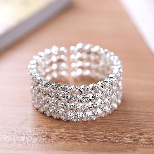 

4 rows big crystal cuff bangles silver plated and gold color women fashion jewelry bracelet metal round, Black