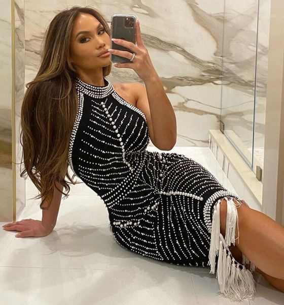 

luxury christmas dress backless beading black white tassel women dress 2020 designer fashion evening party vestido1, Black;gray