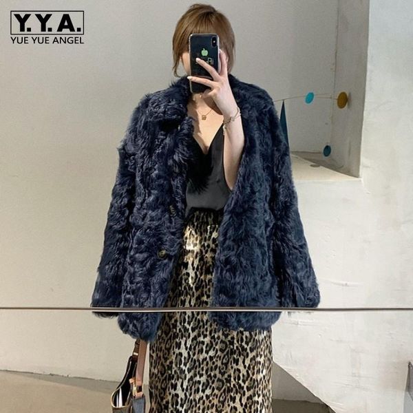 

women's fur & faux womens streetwear lambswool coat autumn winter thick warm short natural wool jackets elegant office lady long sleeve, Black