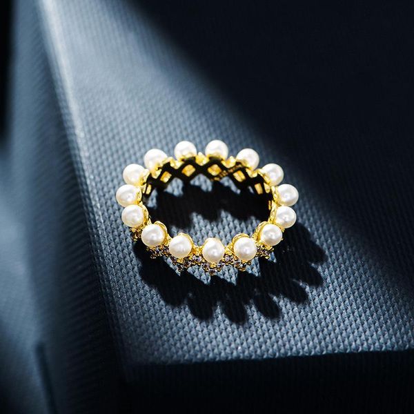 

cluster rings genuine 925 sterling silver for women exquisite pave cz wave freshwater pearls ring bijoux bague gift wedding jewelry, Golden;silver