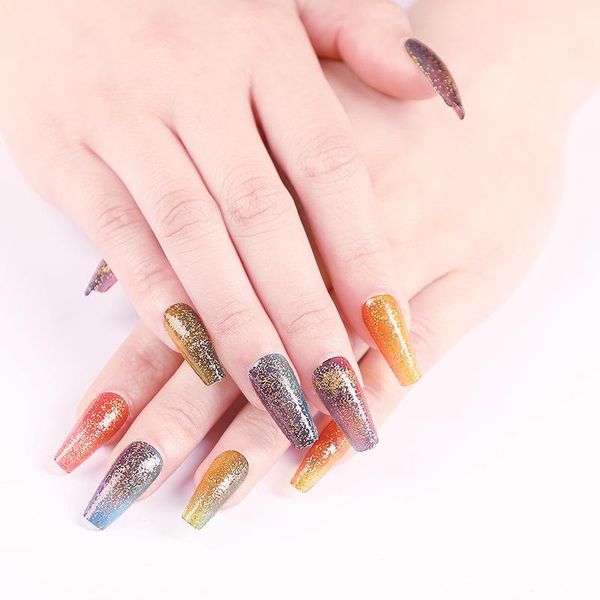 

false nails gradient glitter powder trapezoid ballet fake material long wearable full cover finished nail, Red;gold