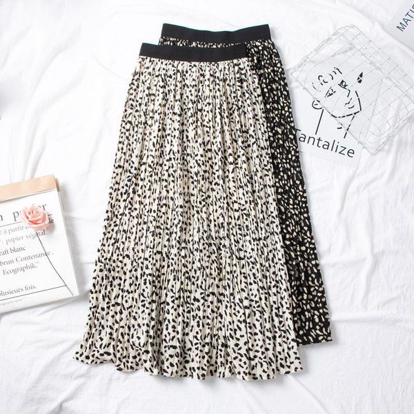 

spring high waisted slim printed pleated skirt women autumn korean midi skirts womens casual long womens skirts1, Black
